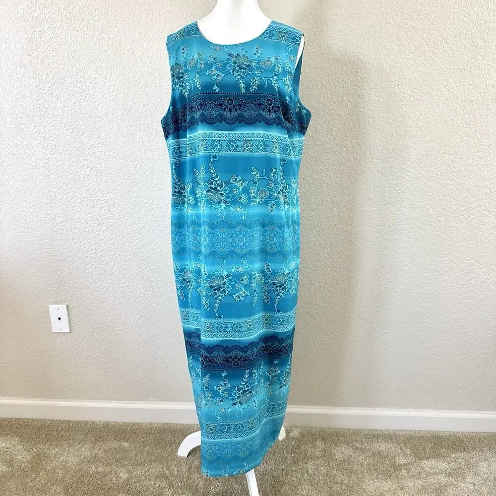 Koret Dress Turquoise Floral Maxi Dress Jacket Set Embroidered 2 Piece Womens 16